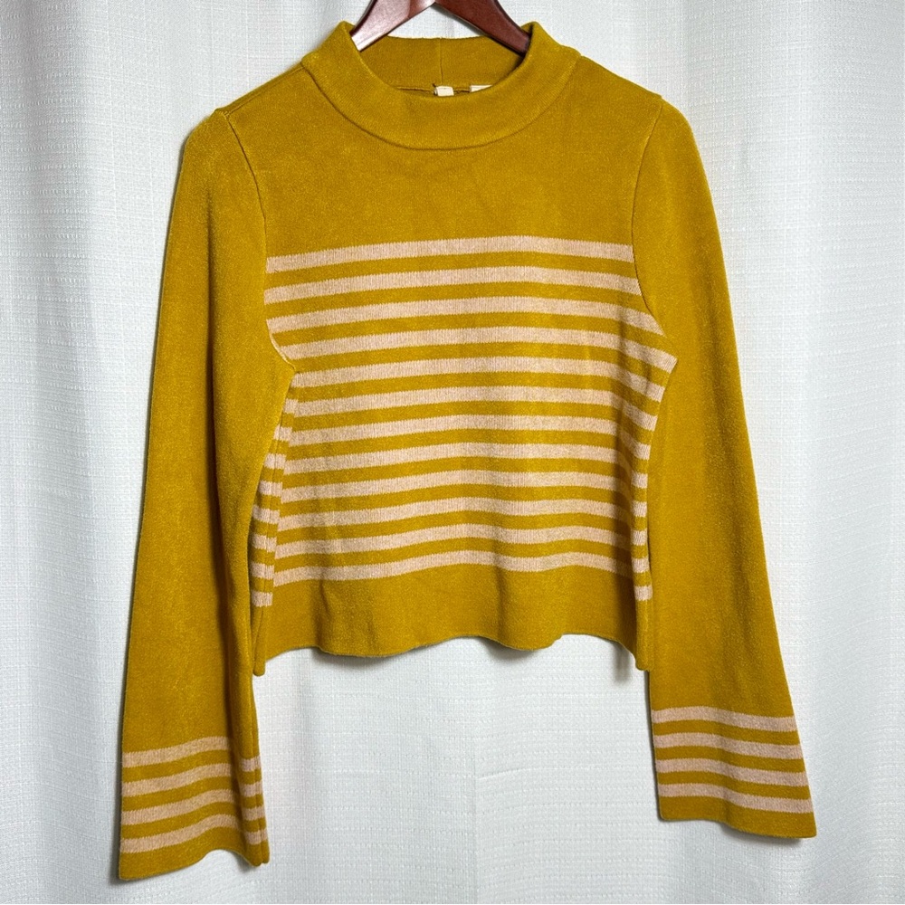 Mustard Yellow Striped Cropped Preppy Sweater Mock Neck Soft Knit M